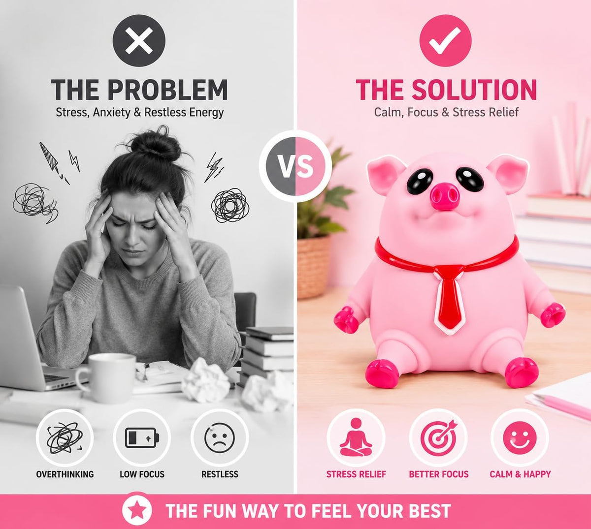 Pink Squishy Pig Stress Relief Toy for Adults, Teens & Kids, Office, Study, Travel and Gifting