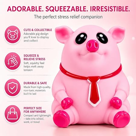Pink Squishy Pig Stress Relief Toy for Adults, Teens & Kids, Office, Study, Travel and Gifting
